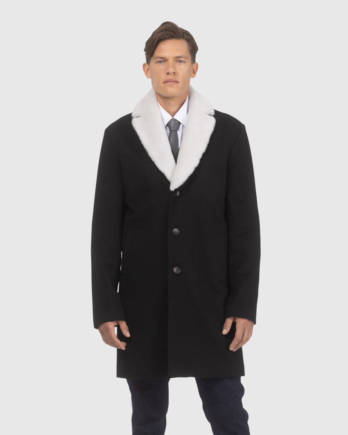 Men's wool short coat crafted from Loro Piana with merino shearling lamb trim in black and white, front view