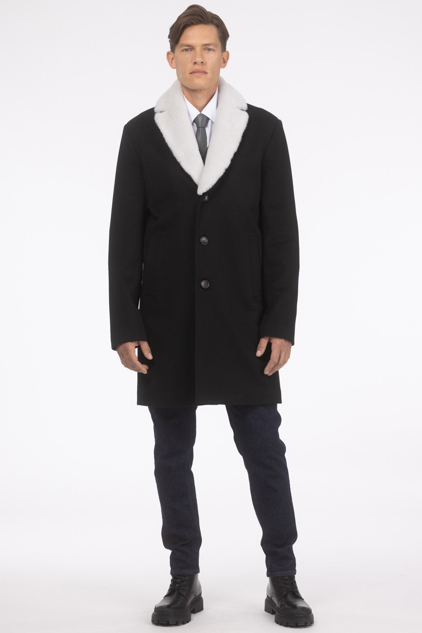 Men's Loro Piana Wool Short Coat with Merino Shearling Lamb Trim