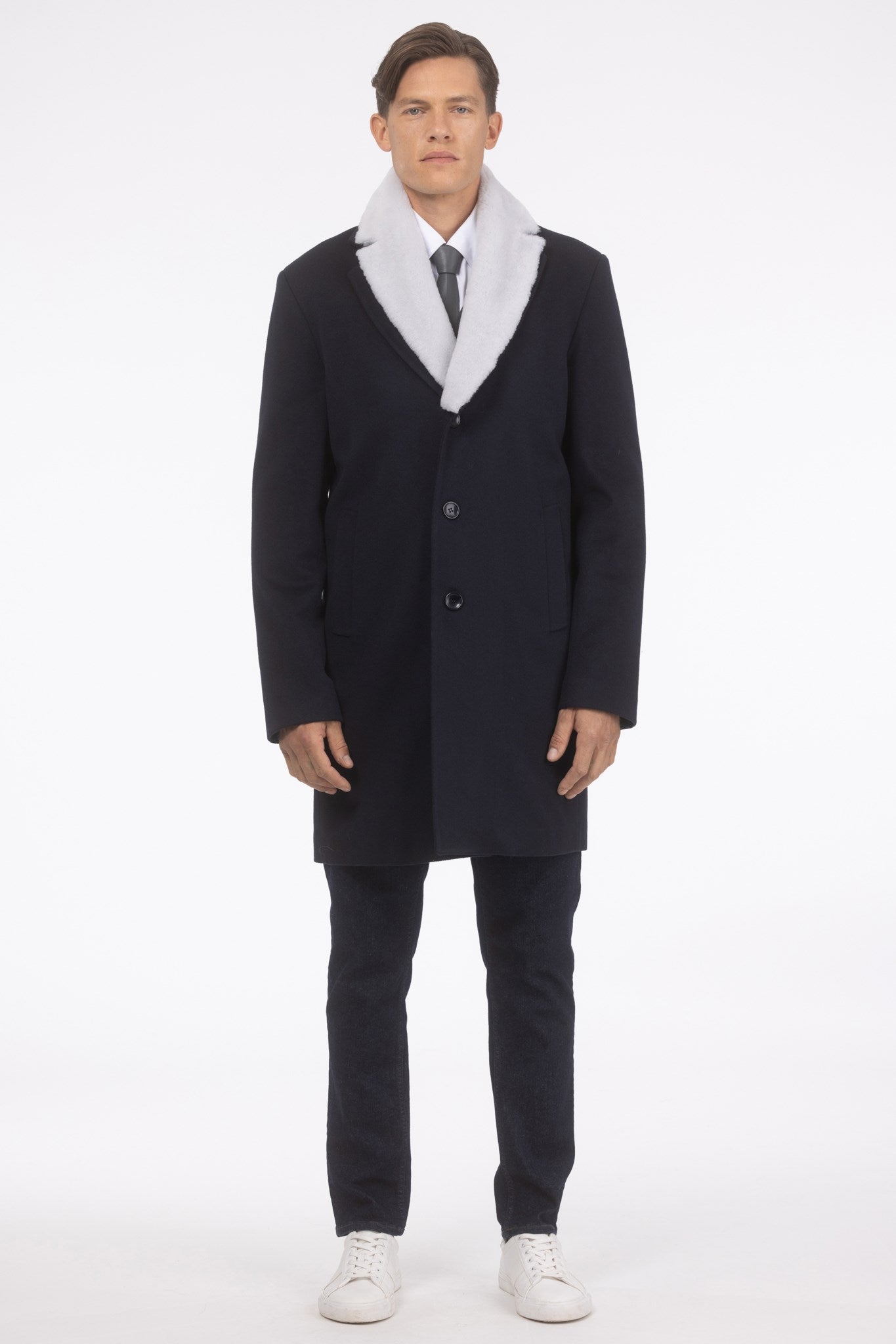 Men's Loro Piana Wool Short Coat with Merino Shearling Lamb Trim