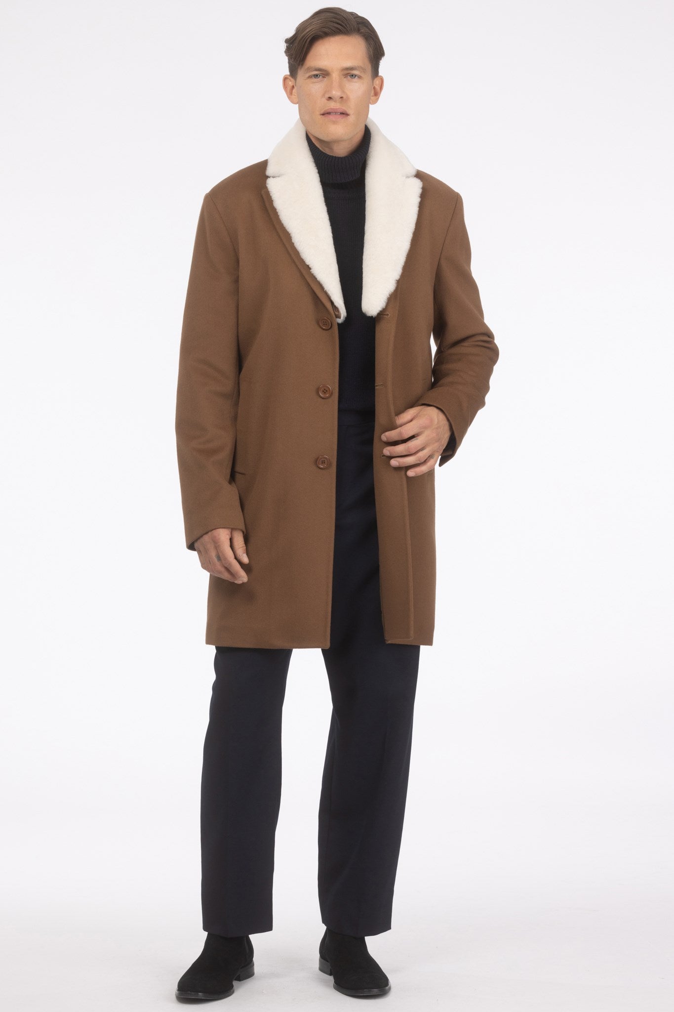 Men's Loro Piana Wool Short Coat with Merino Shearling Lamb Trim