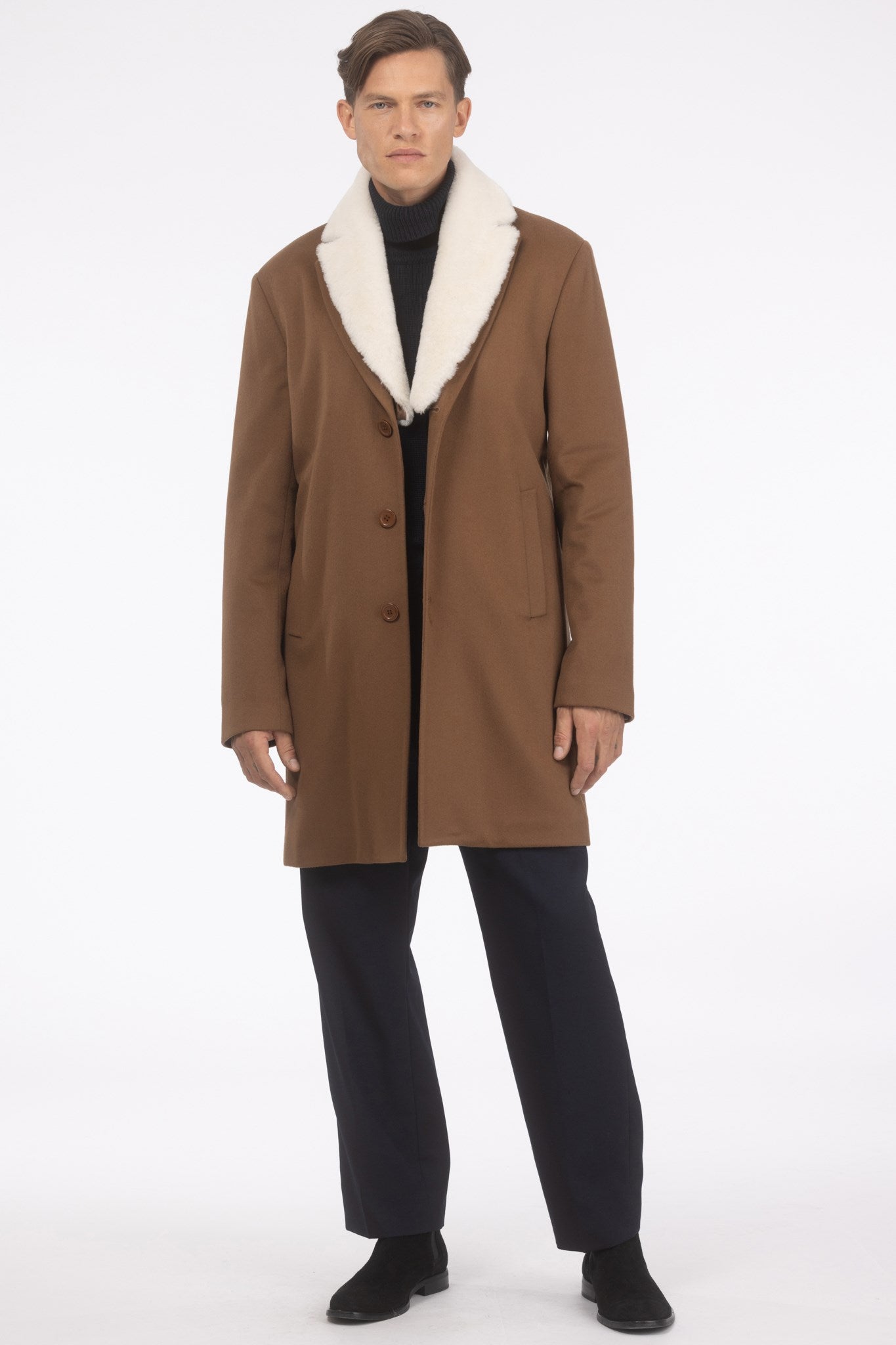 Men's Loro Piana Wool Short Coat with Merino Shearling Lamb Trim