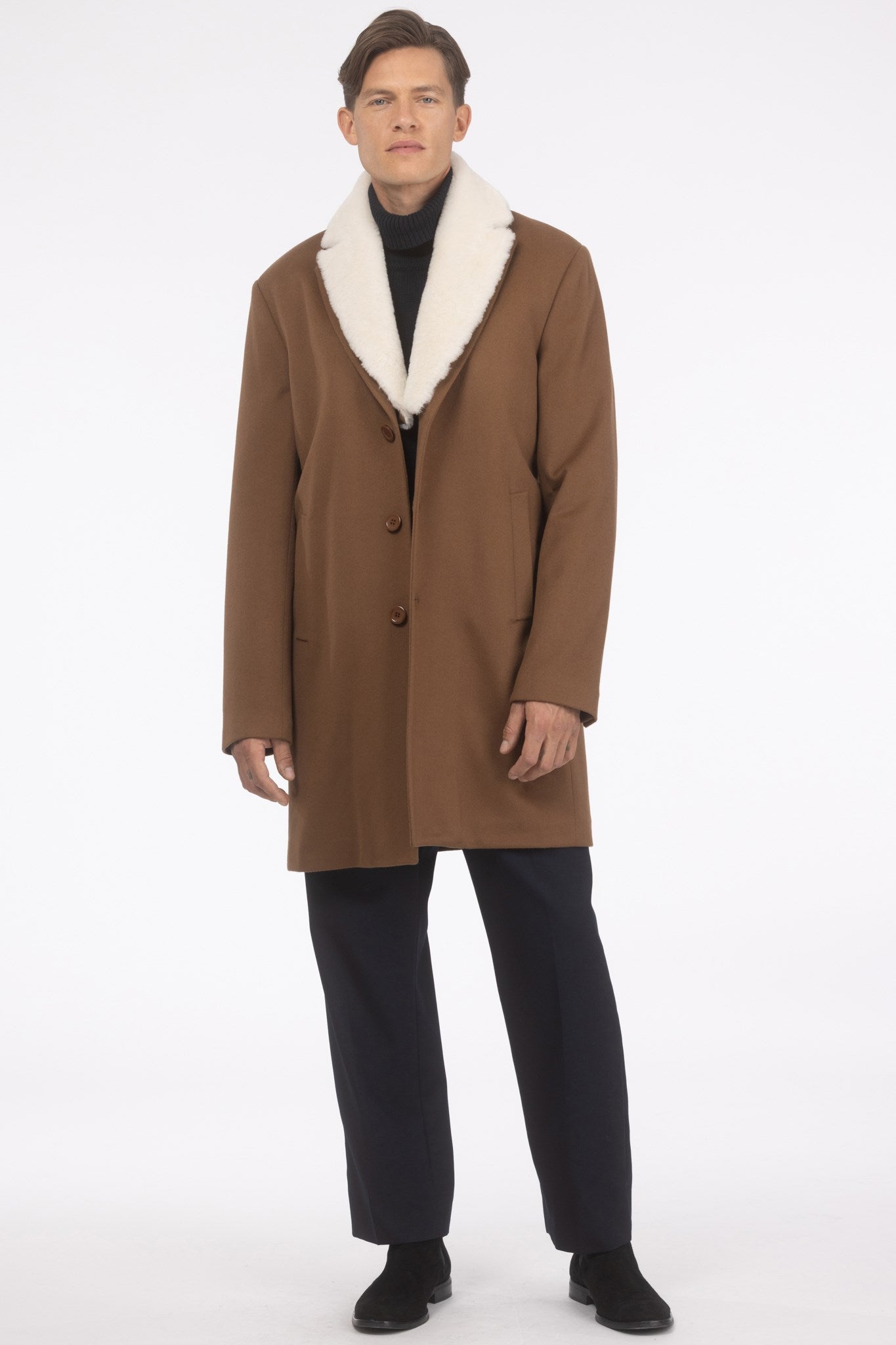 Men's Loro Piana Wool Short Coat with Merino Shearling Lamb Trim