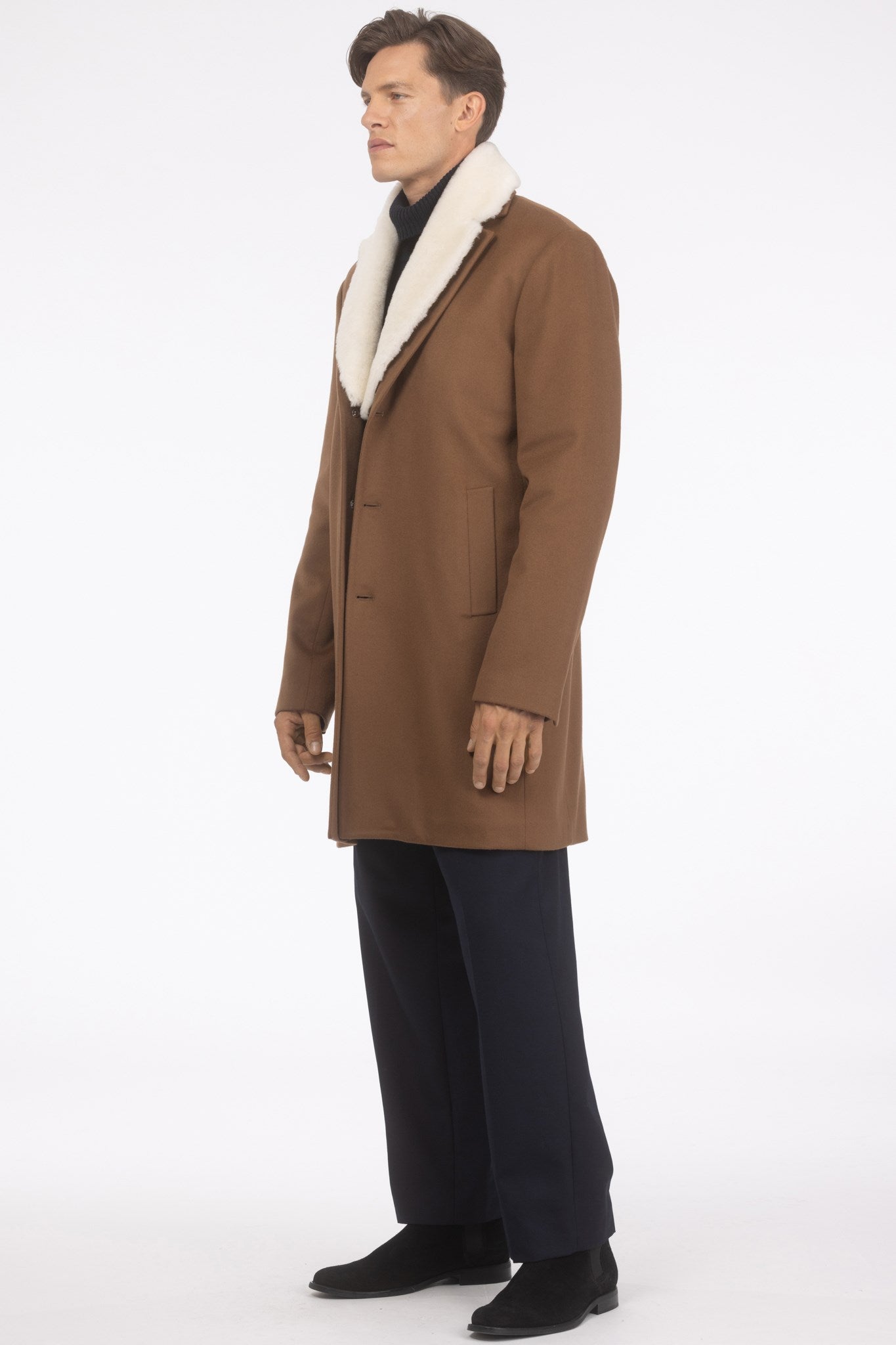 Men's Loro Piana Wool Short Coat with Merino Shearling Lamb Trim