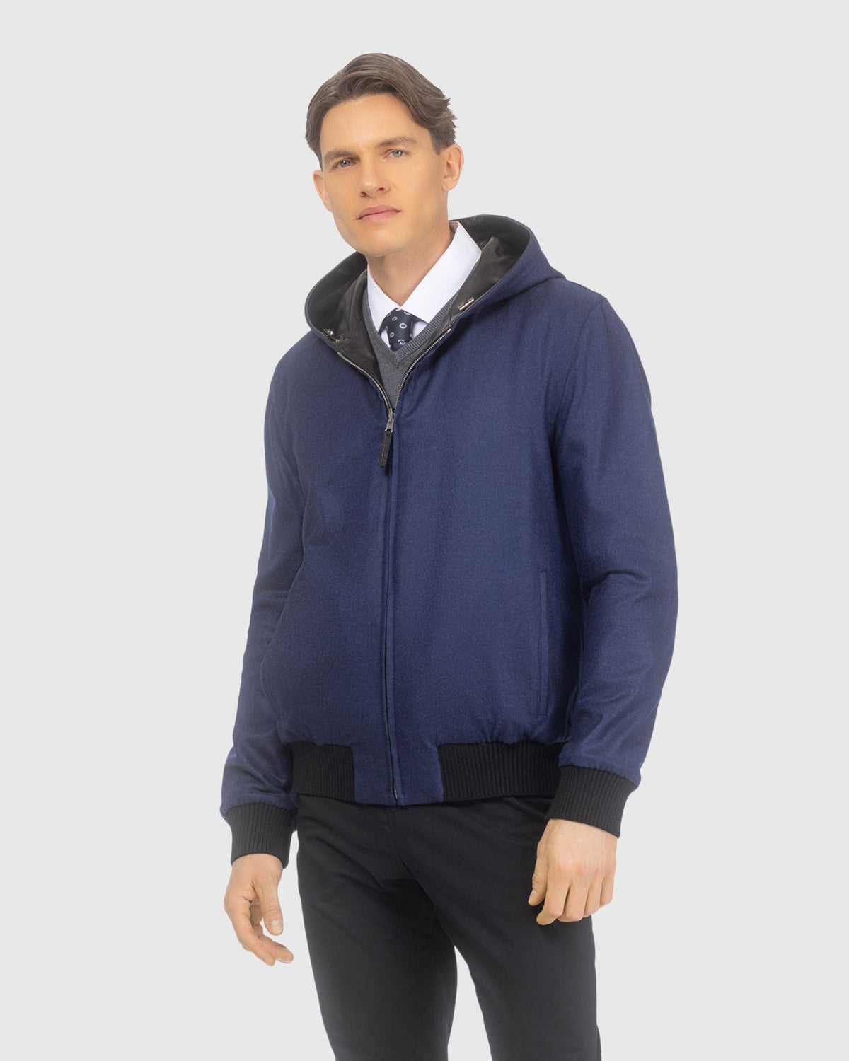 Men's nappa leather parka reversible to Loro Piana cashmere and wool in black and navy, front view