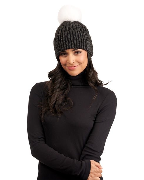 Metallic Wool Blend Hat With Fox Pompom