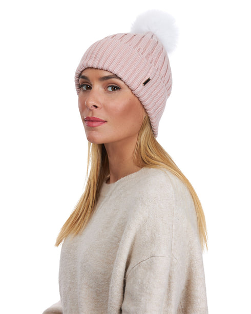 Metallic Wool Blend Hat With Fox Pompom