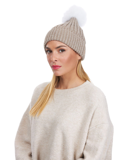 Metallic Wool Blend Hat With Fox Pompom