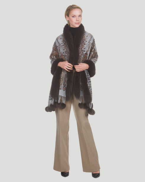 Paisley Print Cashmere Stole With Fox Trim