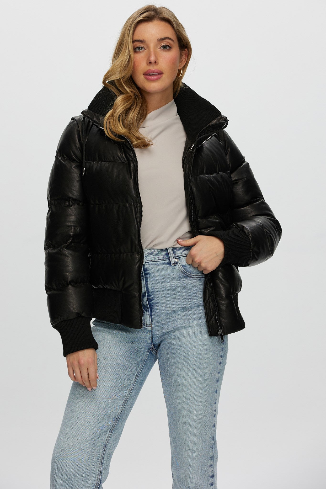 Quilted sleeve leather jacket best sale