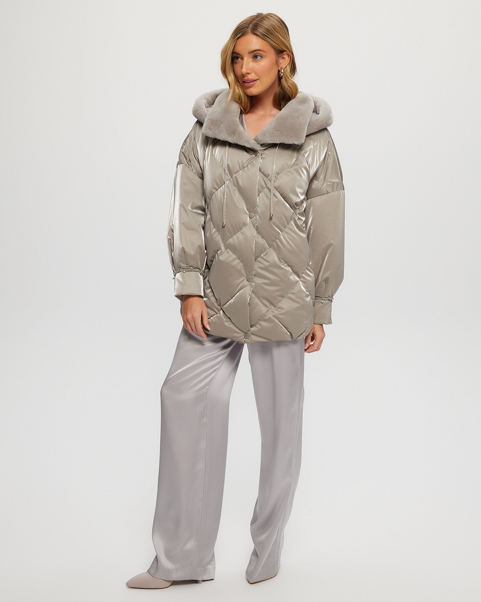 Gorski Quilted Parka with Shearling Lamb Collar Hood Trim Greige M