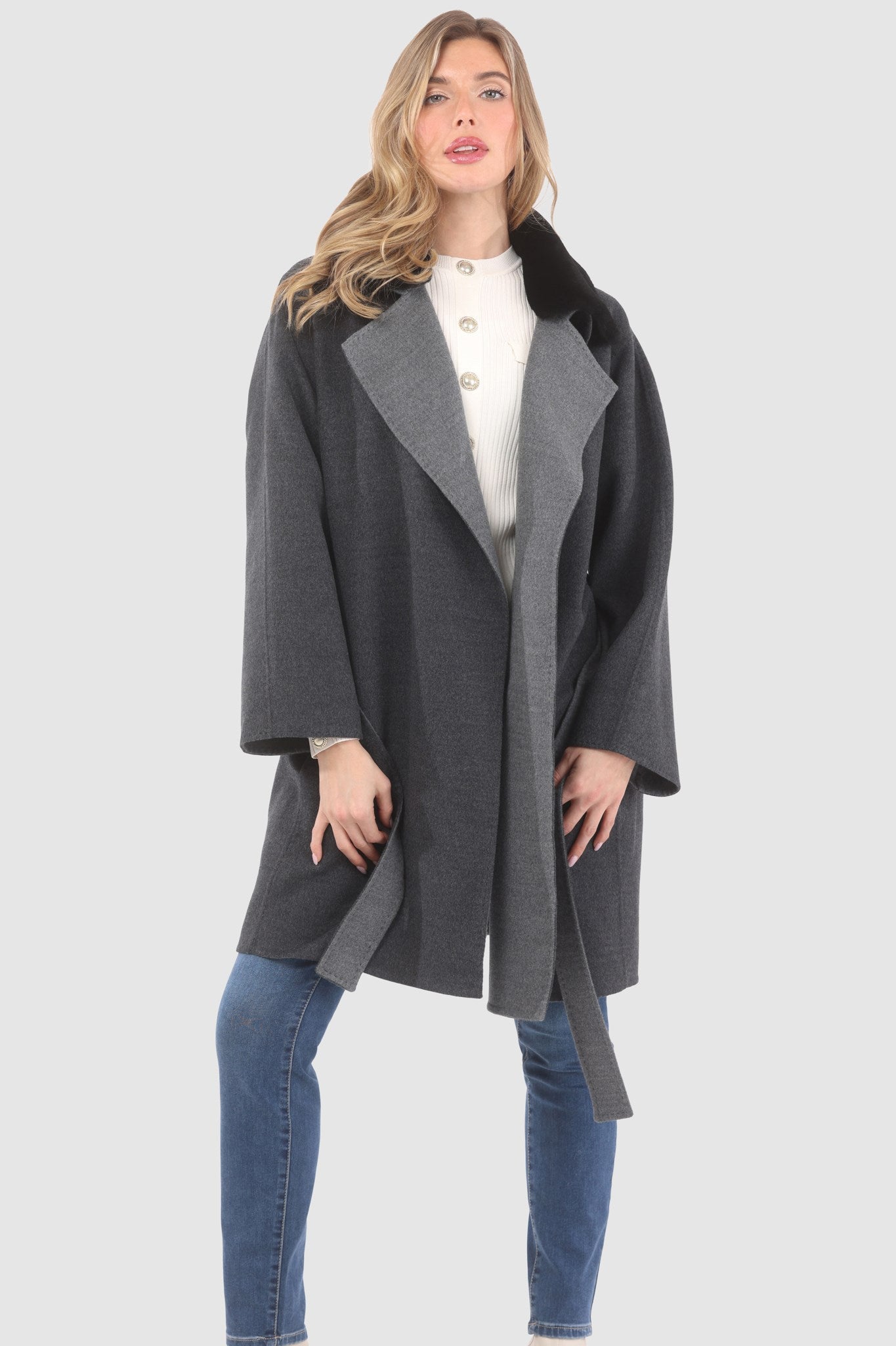 Reversible Stroller Crafted From Loro Piana Wool with Detachable Select Shearling Lamb Collar and Belt