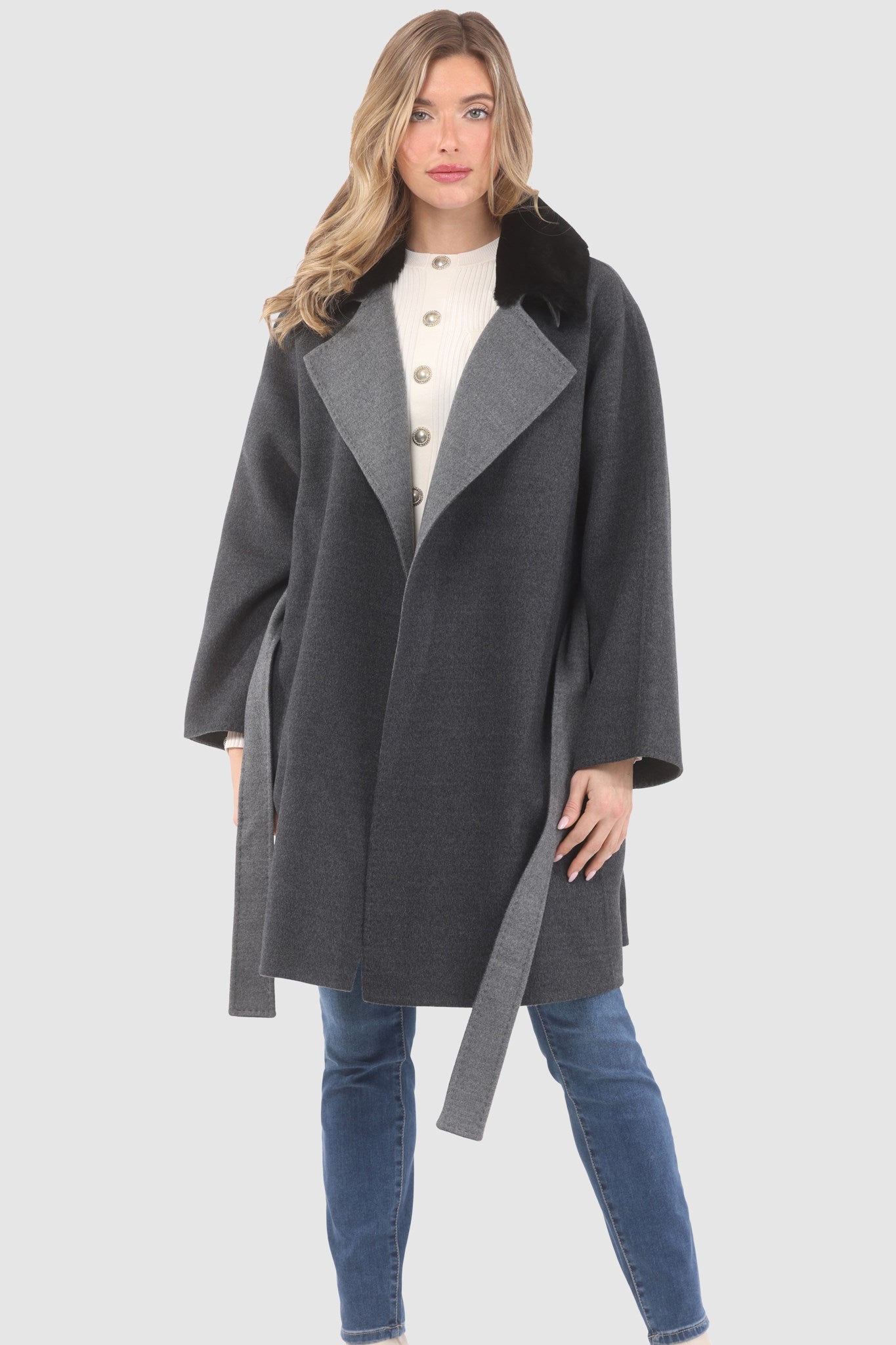 Reversible Stroller Crafted From Loro Piana Wool with Detachable Select Shearling Lamb Collar and Belt