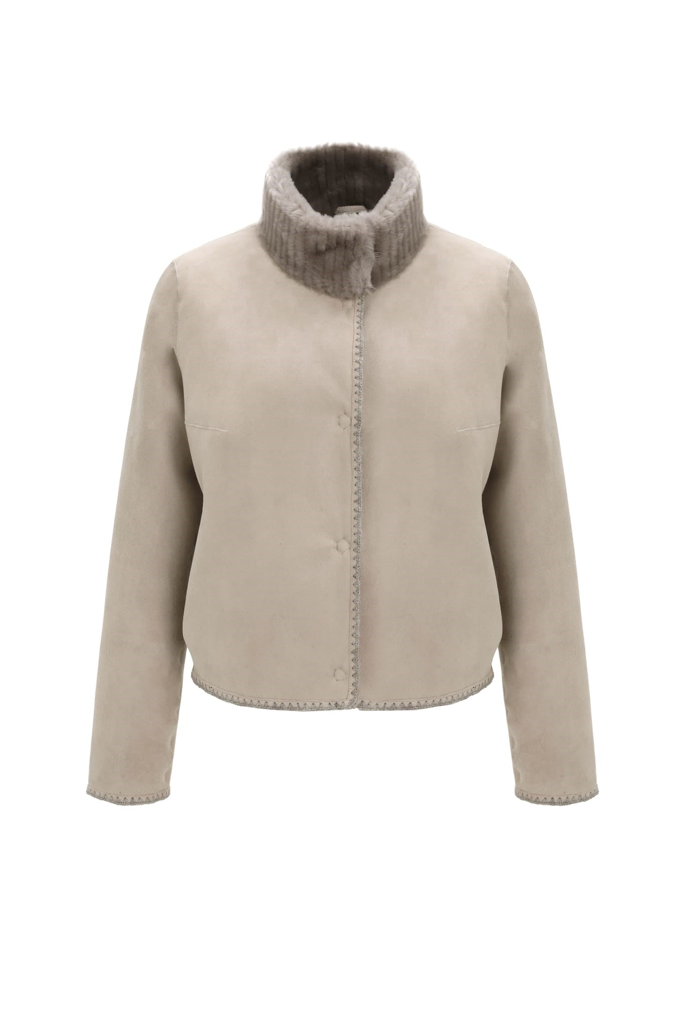 REVERSIBLE MERINO GROOVED SHEARLING LAMB JACKET WITH EMBROIDERED TRIM