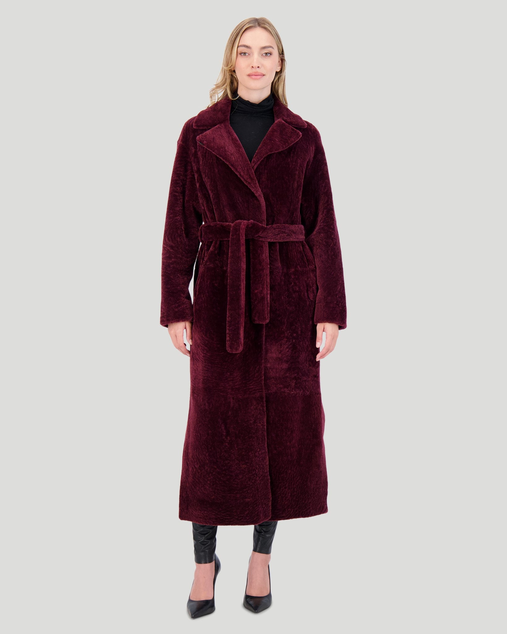 Reversible Select Shearling Lamb Coat with Side Slits and Belt