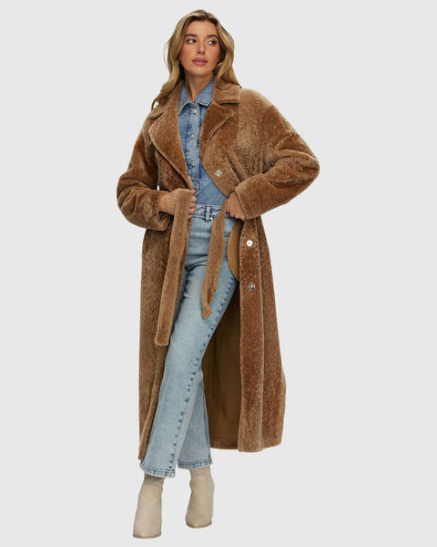 Reversible Select Shearling Lamb Coat With Side Slits And Belt