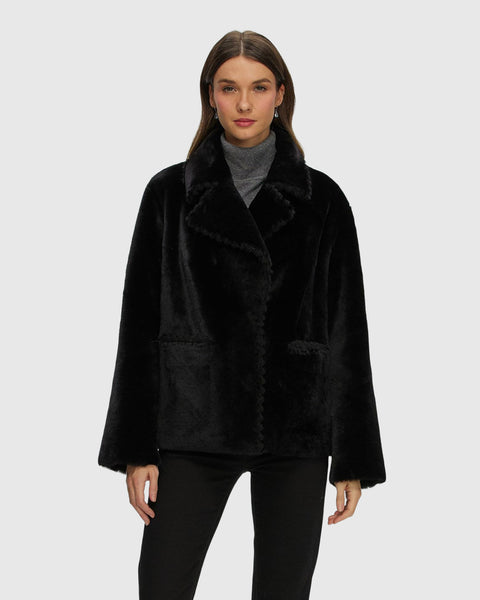 リエルリシェStall set Rever Pea Coat チャコールグレー Reversible Select Shearling Lamb Jacket with Embroidered Trim