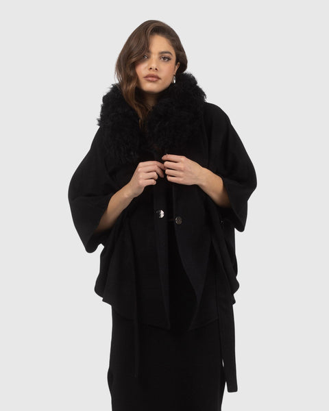 Select Wool Belted Cape With Select Lamb Collar