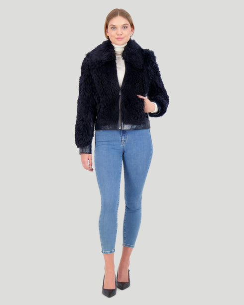 Shearling Lamb Bomber Jacket With Patent Leather Trim