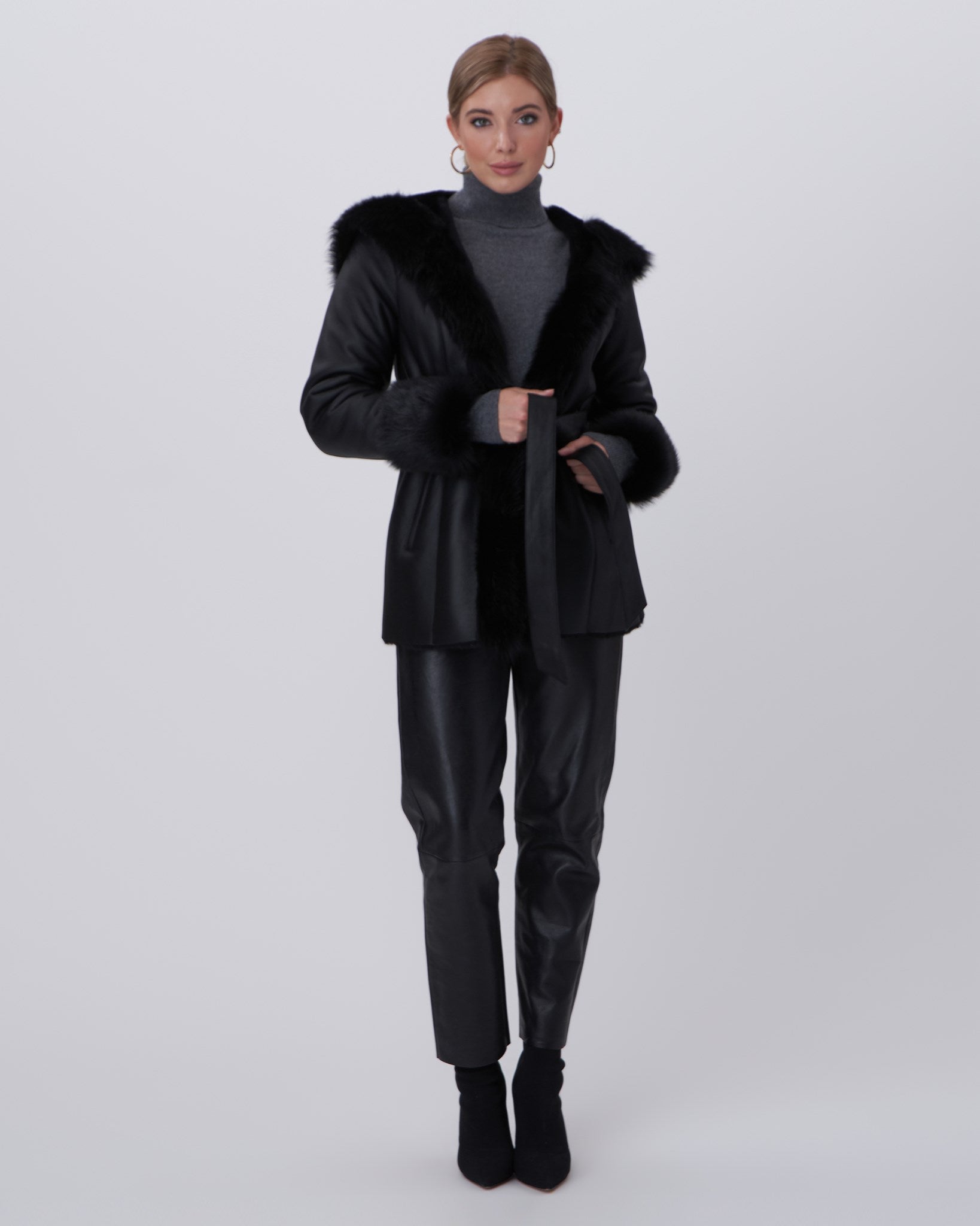 Shearling Lamb Hooded Jacket With Toscana Trim And Cuffs, Belt