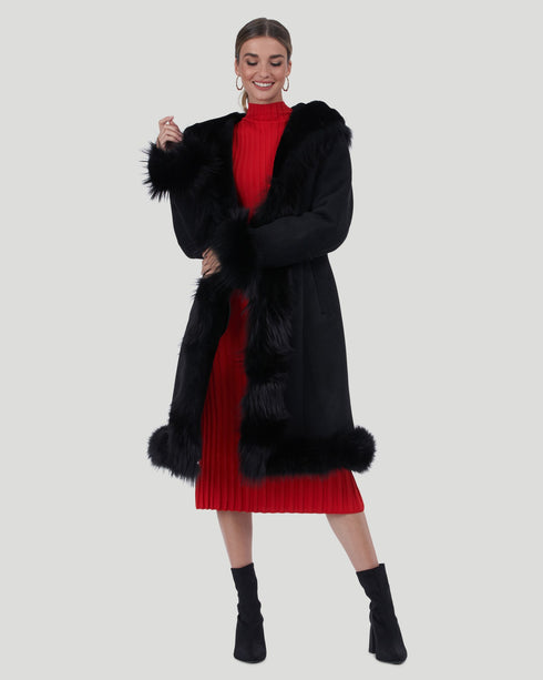 Shearling Lamb Short Coat With Fox Tuxedo Collar, Hood Trim, Cuffs And Bottom