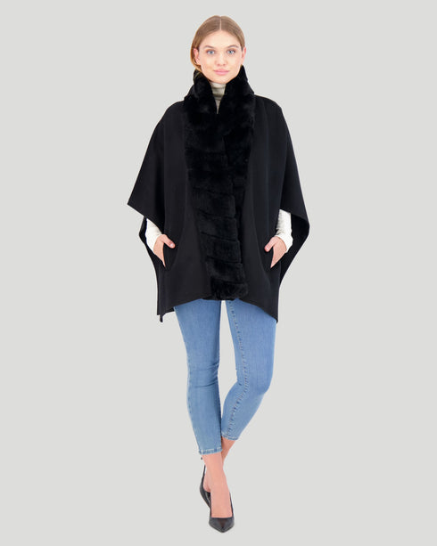 Wool Cape With Chevron Rex Rabbit Trim