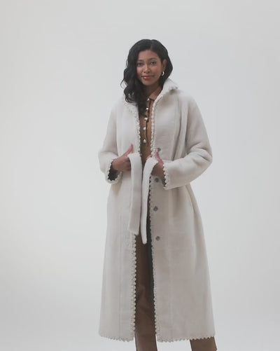 Reversible Select Shearling Lamb Coat with Embroiderd Trim, Belt