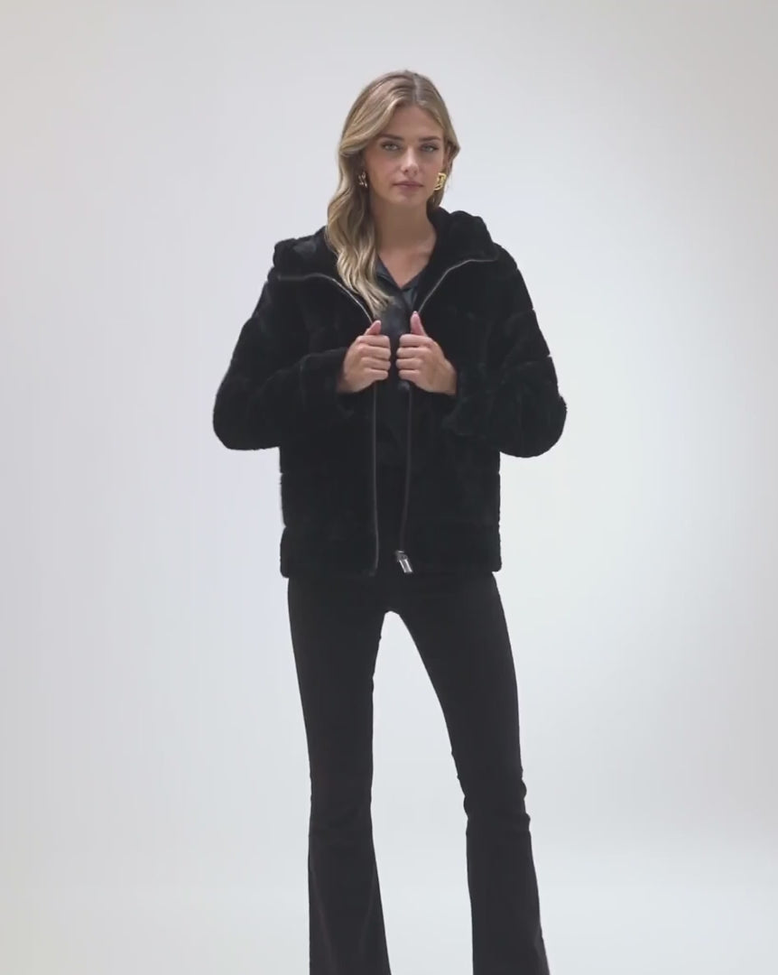 Horizontal Curly Shearling Lamb Zip Jacket with Hood